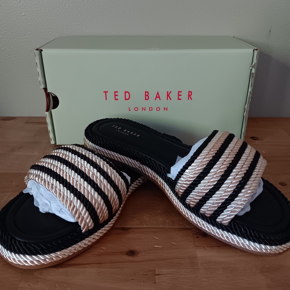 Ted Baker Portia Slide Sandals Womens 8 Black Gold New Rope Strap Flat Summer